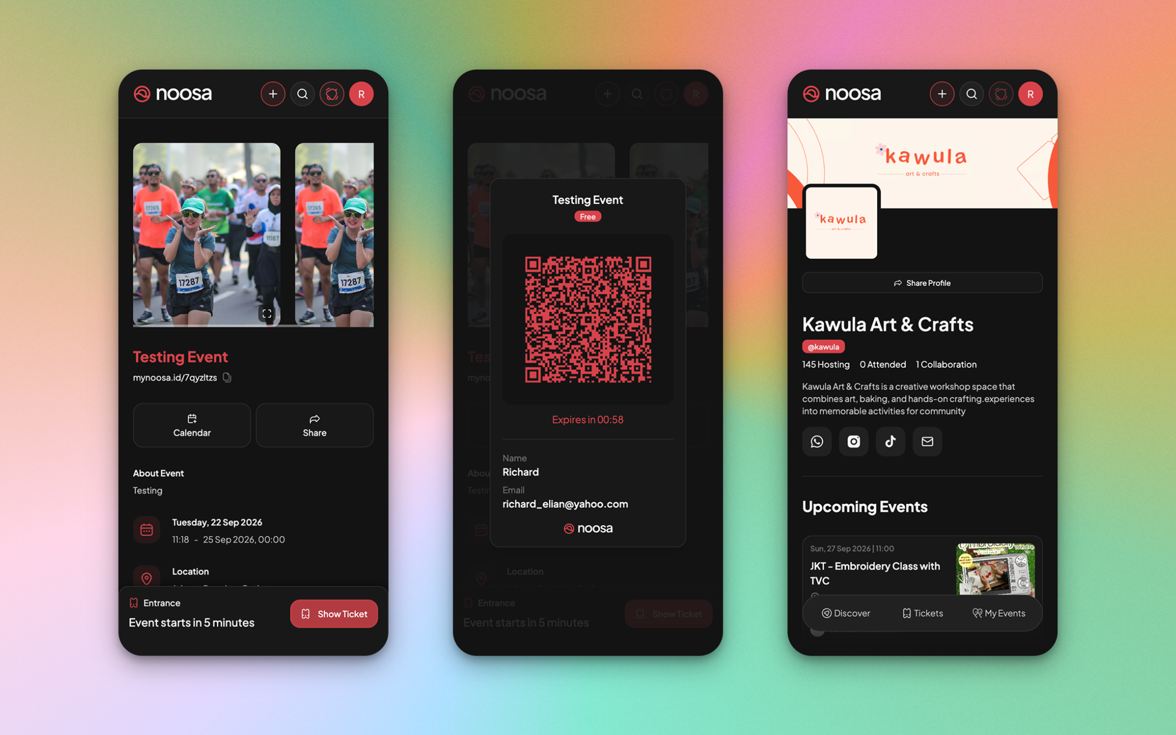 Mobile — event, ticket QR and organiser